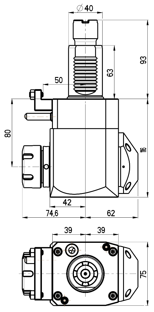 RG Tools VDI 40, winkliger Werkzeughalter, Kupplung Okuma, mit Innenkühlung RGX1-40/251-32/2.2-80JD Dimensionen