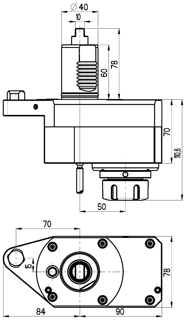RG Tools VDI 40, gerader + versetzter Werkzeughalter, Kupplung flach(~DIN 1809), mit Innenkühlung, 1:2 Übersetzung RGX1-40/321-32/2.1-50MZ2(1:2) Dimensionen