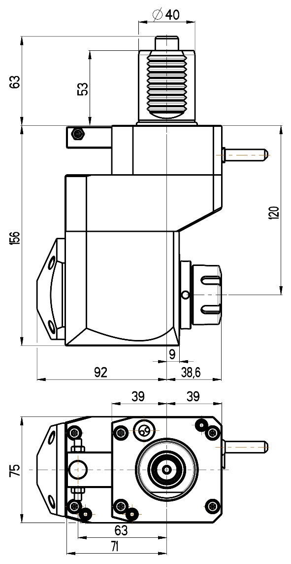 RG Tools VDI 40, winkliger + versetzter Werkzeughalter, Kupplung DIN 5482, ohne Innenkühlung RGX1-40/411-25/1.1-120 Dimensionen