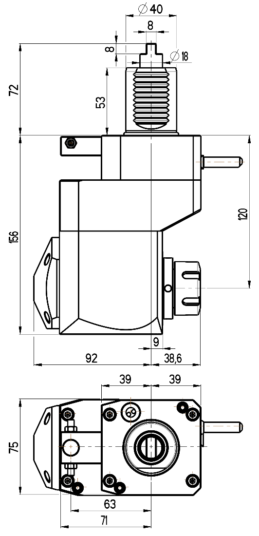 RG Tools VDI 40, winkliger + versetzter Werkzeughalter, Kupplung DIN 1809, ohne Innenkühlung RGX1-40/421-25/1.1-120 Dimensionen