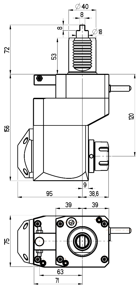 RG Tools VDI 40, winkliger + versetzter Werkzeughalter, Kupplung DIN 1809, mit Innenkühlung RGX1-40/421-25/2.1-120 Dimensionen