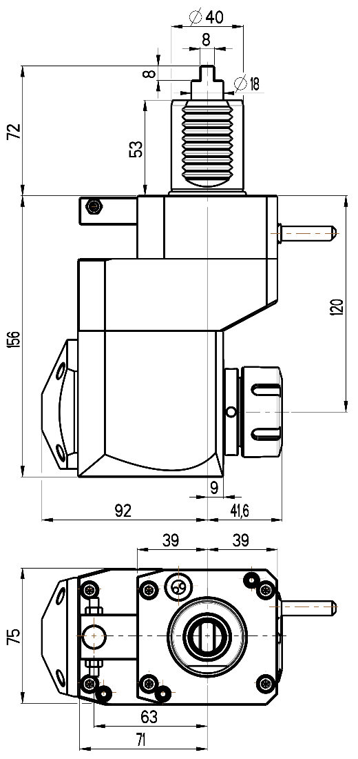 RG Tools VDI 40, winkliger + versetzter Werkzeughalter, Kupplung DIN 1809, ohne Innenkühlung RGX1-40/421-32/1.1-120 Dimensionen