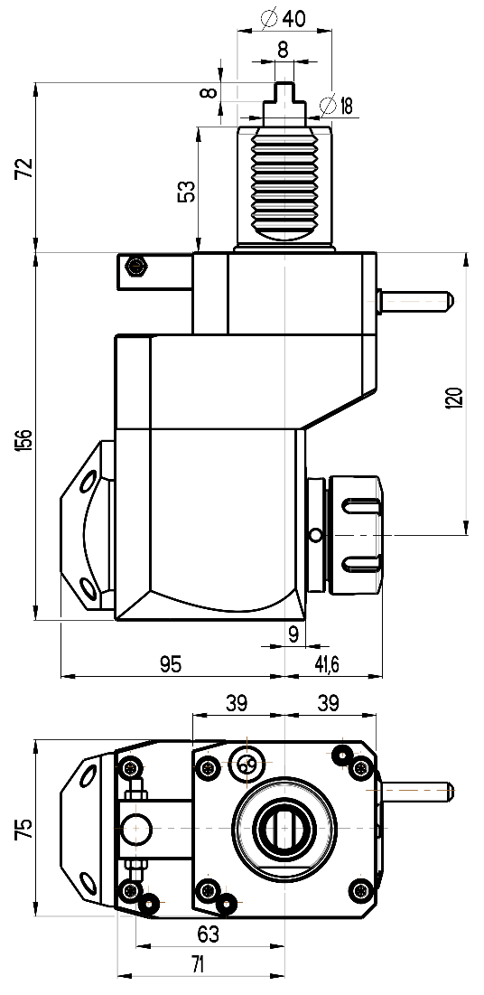 RG Tools VDI 40, winkliger + versetzter Werkzeughalter, Kupplung DIN 1809, mit Innenkühlung RGX1-40/421-32/2.1-120 Dimensionen