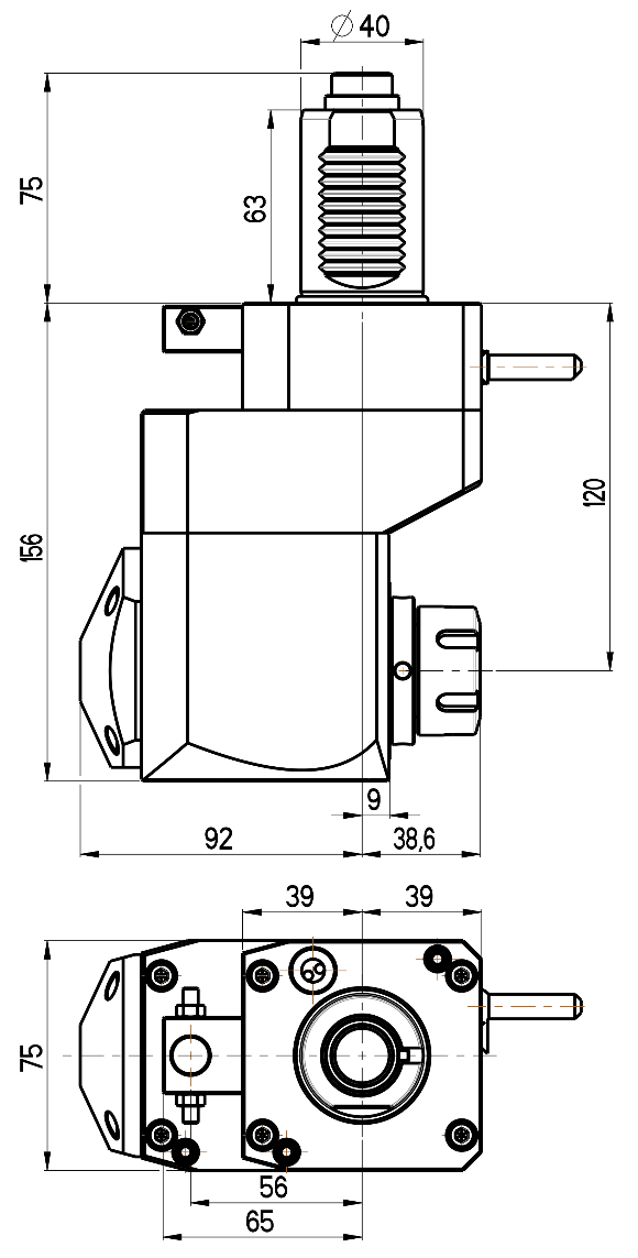 RG Tools VDI 40, winkliger + versetzter Werkzeughalter, Kupplung DIN 5480, ohne Innenkühlung RGX1-40/431-25/1.1-120 Dimensionen