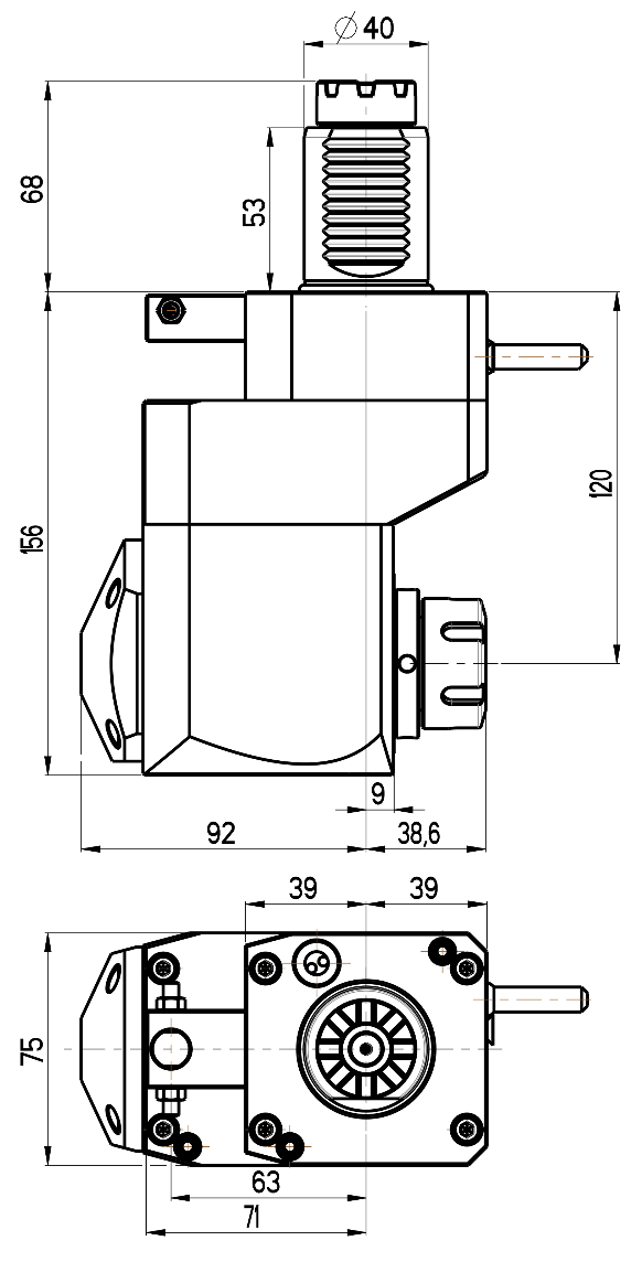 RG Tools VDI 40, winkliger + versetzter Werkzeughalter, Kupplung TOEM, ohne Innenkühlung RGX1-40/441-25/1.1-120 Dimensionen