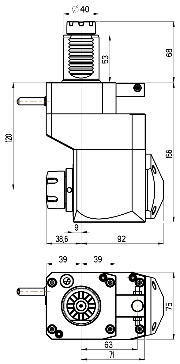 RG Tools VDI 40, winkliger + versetzter Werkzeughalter, Kupplung TOEM, ohne Innenkühlung RGX1-40/441-25/1.2-120 Dimensionen