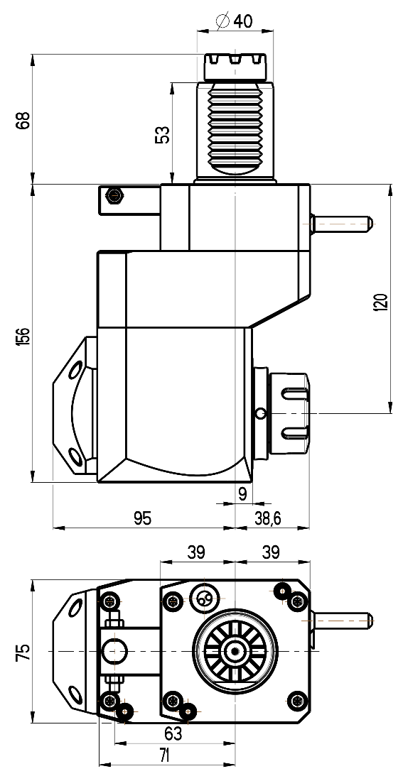 RG Tools VDI 40, winkliger + versetzter Werkzeughalter, Kupplung TOEM, mit Innenkühlung RGX1-40/441-25/2.1-120 Dimensionen