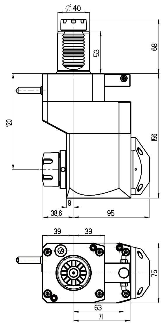 RG Tools VDI 40, winkliger + versetzter Werkzeughalter, Kupplung TOEM, mit Innenkühlung RGX1-40/441-25/2.2-120 Dimensionen