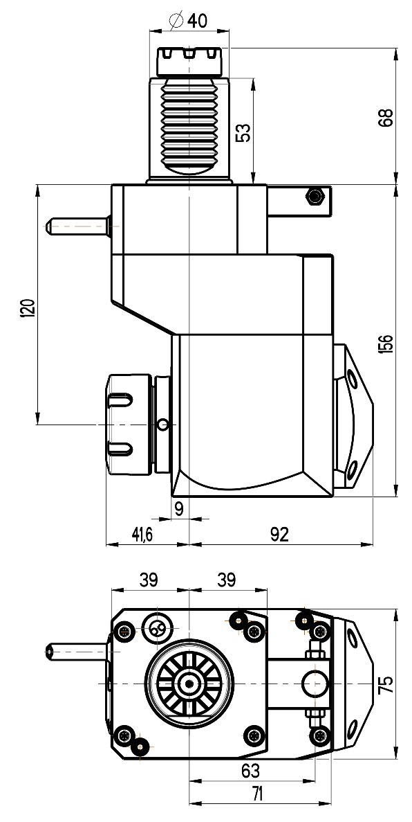 RG Tools VDI 40, winkliger + versetzter Werkzeughalter, Kupplung TOEM, ohne Innenkühlung RGX1-40/441-32/1.2-120 Dimensionen