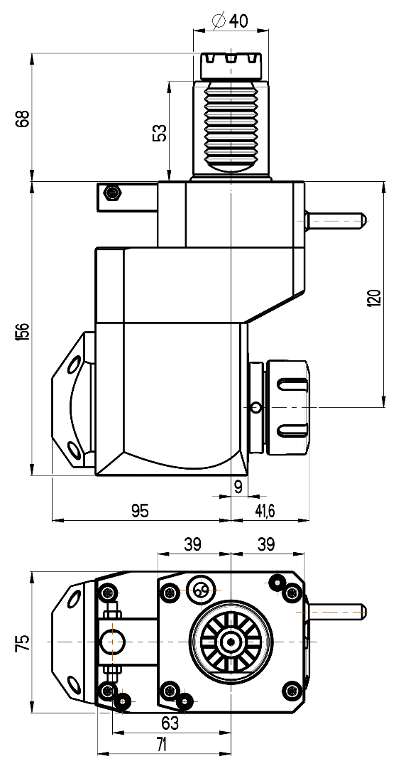 RG Tools VDI 40, winkliger + versetzter Werkzeughalter, Kupplung TOEM, mit Innenkühlung RGX1-40/441-32/2.1-120 Dimensionen