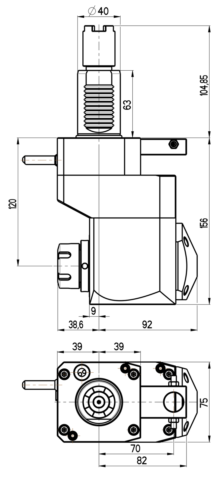 RG Tools VDI 40, winkliger + versetzter Werkzeughalter, Kupplung HAAS, ohne Innenkühlung RGX1-40/451-25/1.2-120A Dimensionen