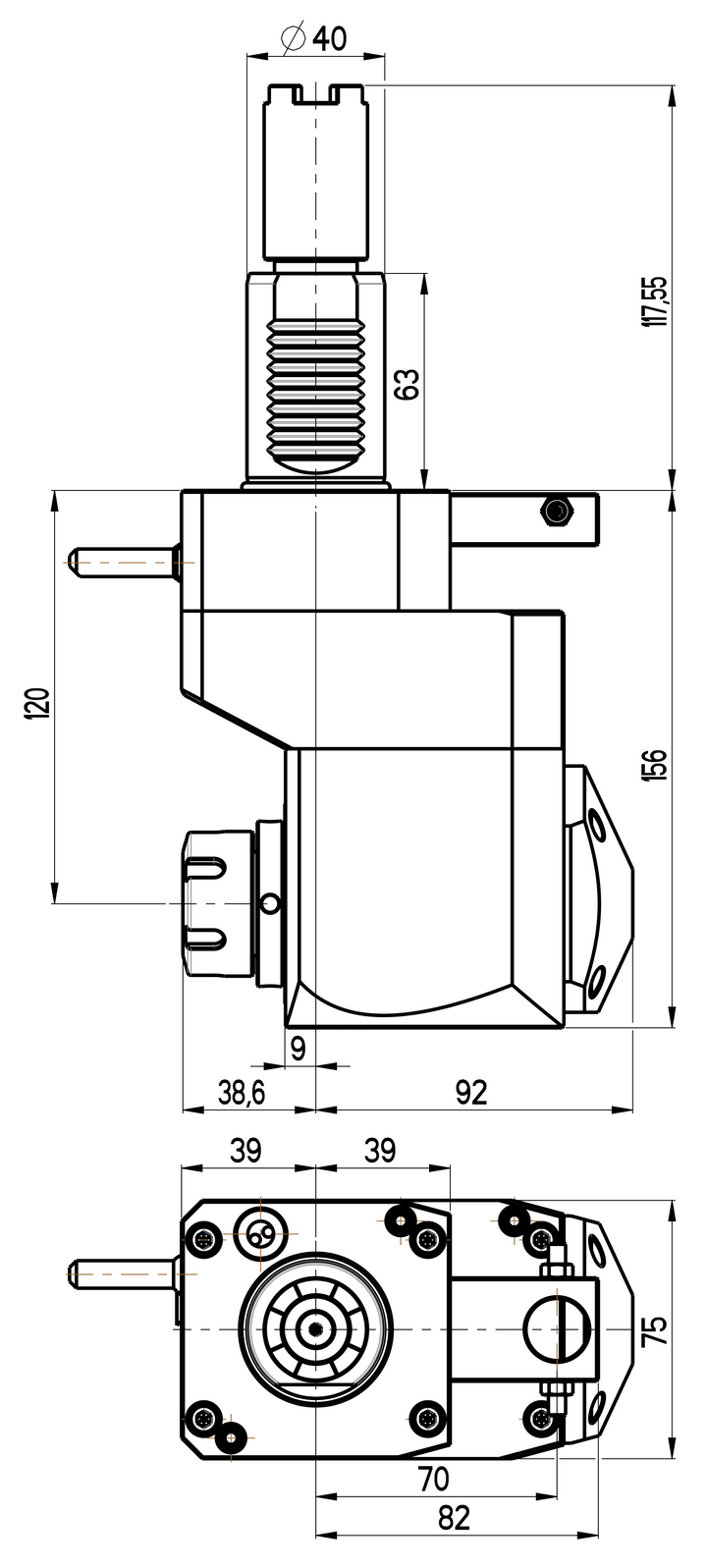 RG Tools VDI 40, winkliger + versetzter Werkzeughalter, Kupplung HAAS, ohne Innenkühlung RGX1-40/451-25/1.2-120B Dimensionen