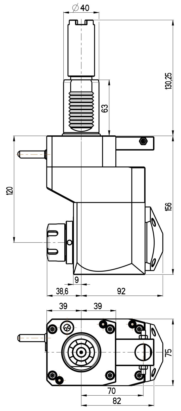 RG Tools VDI 40, winkliger + versetzter Werkzeughalter, Kupplung HAAS, ohne Innenkühlung RGX1-40/451-25/1.2-120C Dimensionen
