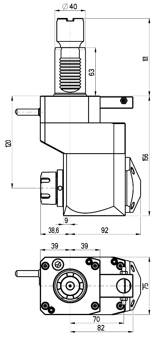 RG Tools VDI 40, winkliger + versetzter Werkzeughalter, Kupplung Okuma, ohne Innenkühlung RGX1-40/451-25/1.2-120JB Dimensionen