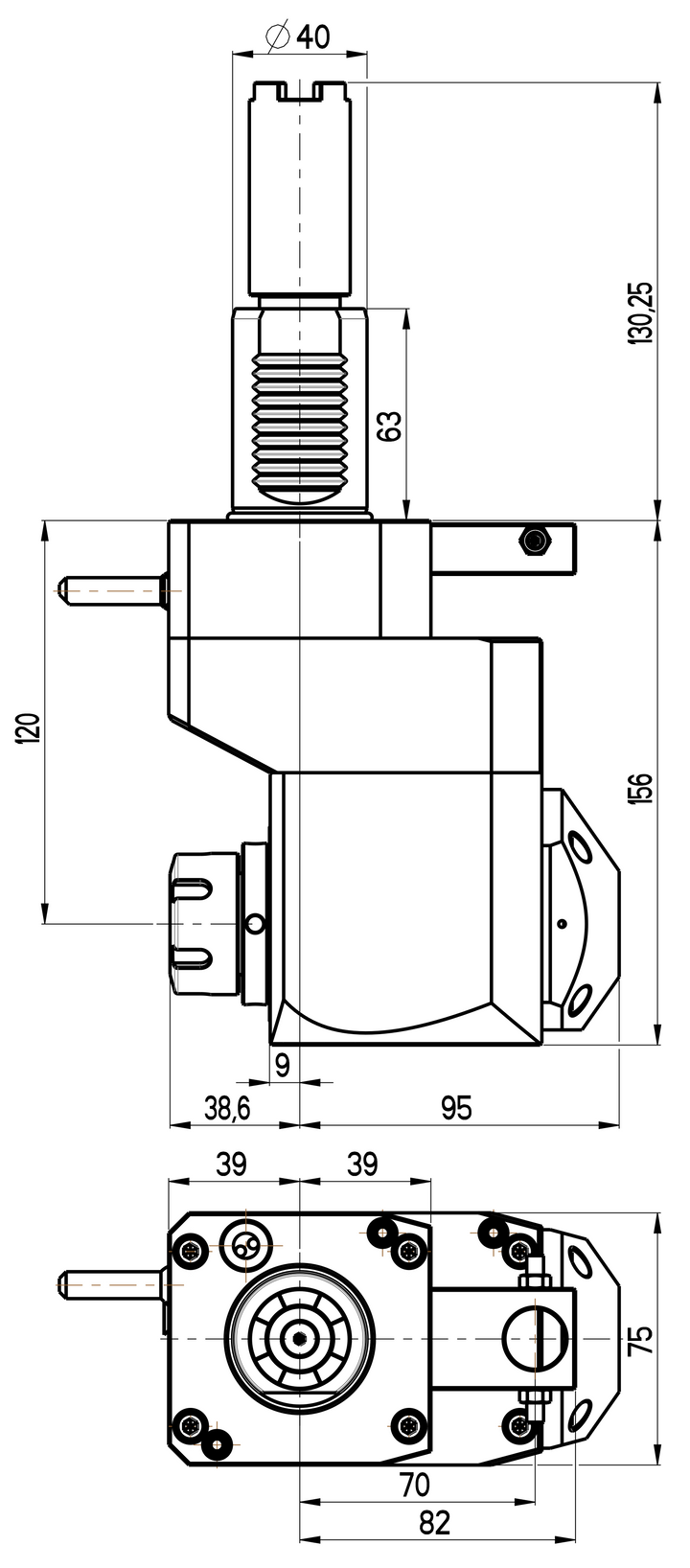 RG Tools VDI 40, winkliger + versetzter Werkzeughalter, Kupplung HAAS, mit Innenkühlung RGX1-40/451-25/2.2-120C Dimensionen