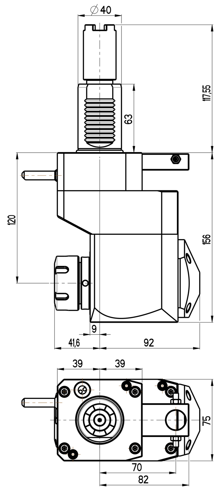 RG Tools VDI 40, winkliger + versetzter Werkzeughalter, Kupplung HAAS, ohne Innenkühlung RGX1-40/451-32/1.2-120B Dimensionen