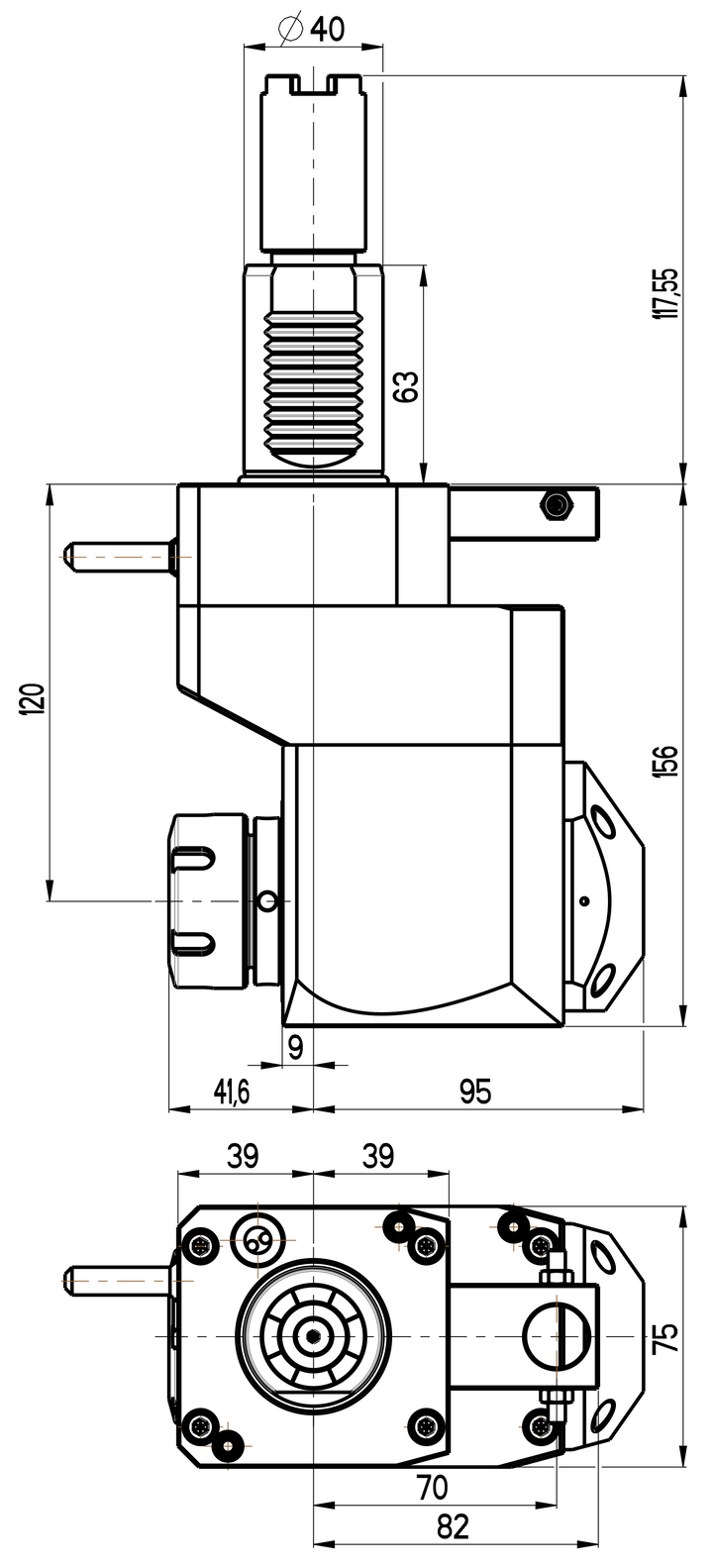 RG Tools VDI 40, winkliger + versetzter Werkzeughalter, Kupplung HAAS, mit Innenkühlung RGX1-40/451-32/2.2-120B Dimensionen