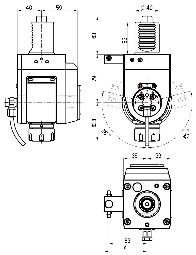 RG Tools VDI 40, winkelverstellbarer Werkzeughalter, Kupplung DIN 5482, ohne Innenkühlung RGX1-40/511-25/1 Dimensionen
