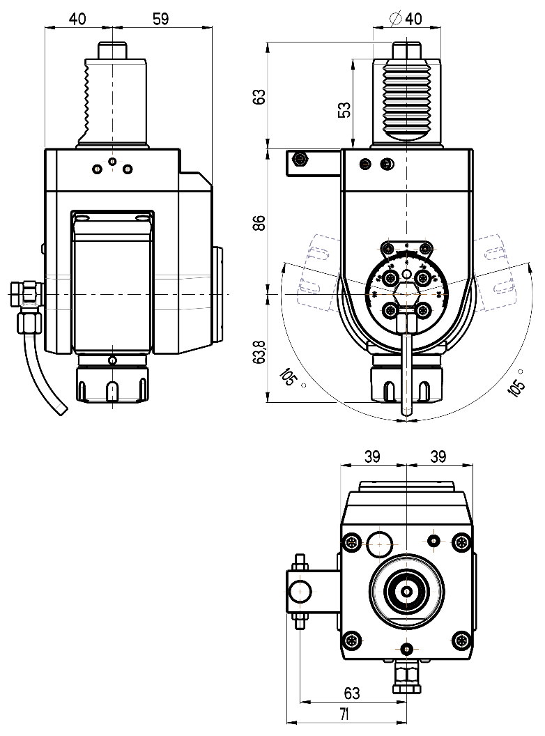 RG Tools VDI 40, winkelverstellbarer Werkzeughalter, Kupplung DIN 5482, mit Innenkühlung RGX1-40/511-25/2 Dimensionen