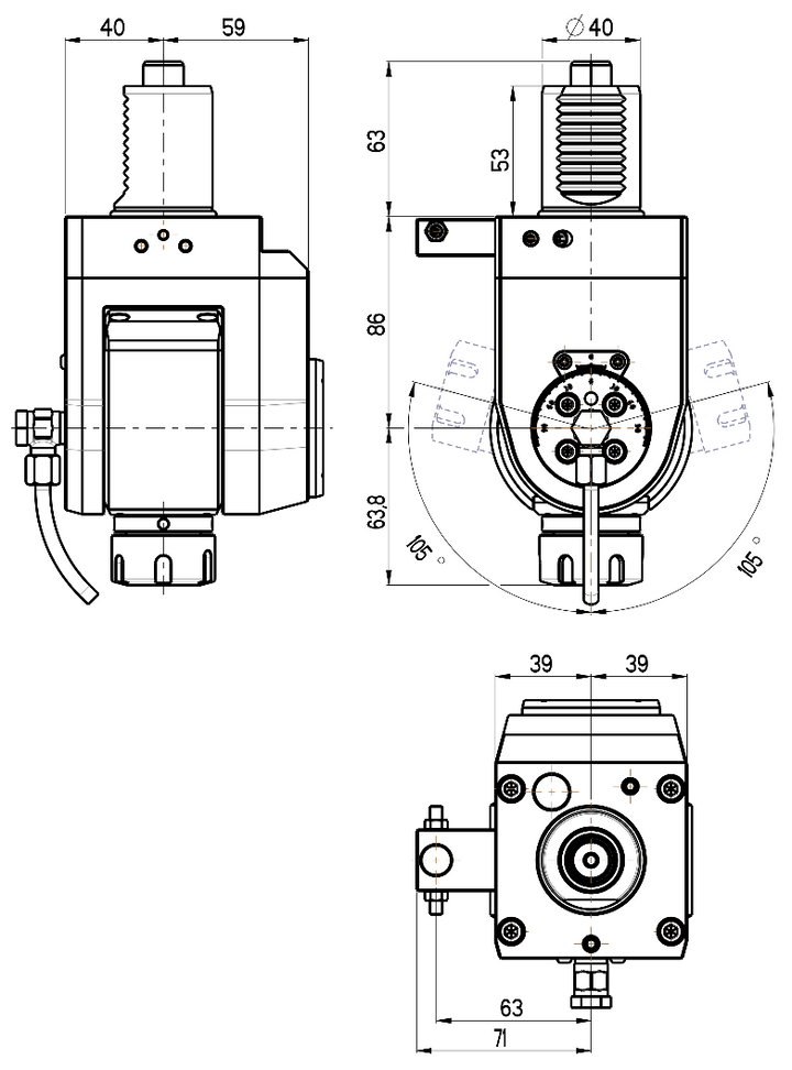 RG Tools VDI 40, winkelverstellbarer Werkzeughalter, Kupplung DIN 5482, mit Innenkühlung RGX1-40/511-25/2 Dimensionen