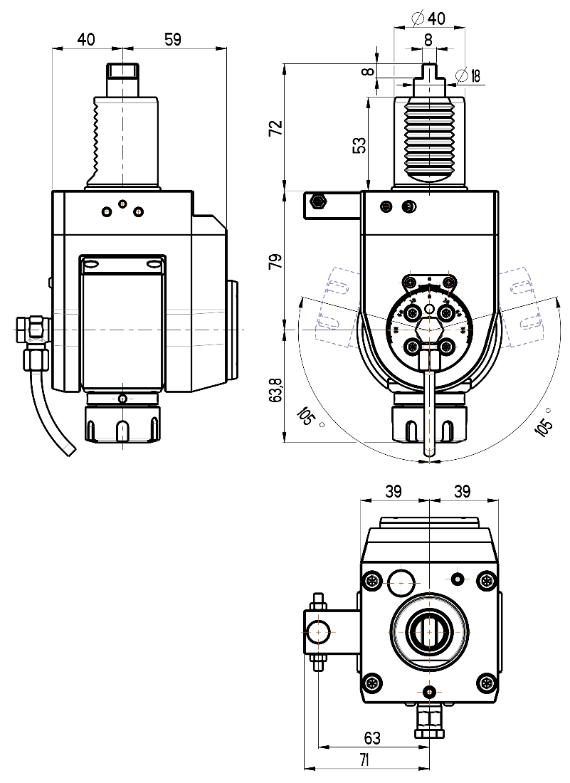 RG Tools VDI 40, winkelverstellbarer Werkzeughalter, Kupplung DIN 1809, ohne Innenkühlung RGX1-40/521-25/1 Dimensionen