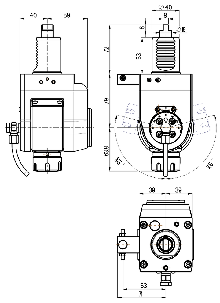 RG Tools VDI 40, winkelverstellbarer Werkzeughalter, Kupplung DIN 1809, ohne Innenkühlung RGX1-40/521-25/1 Dimensionen