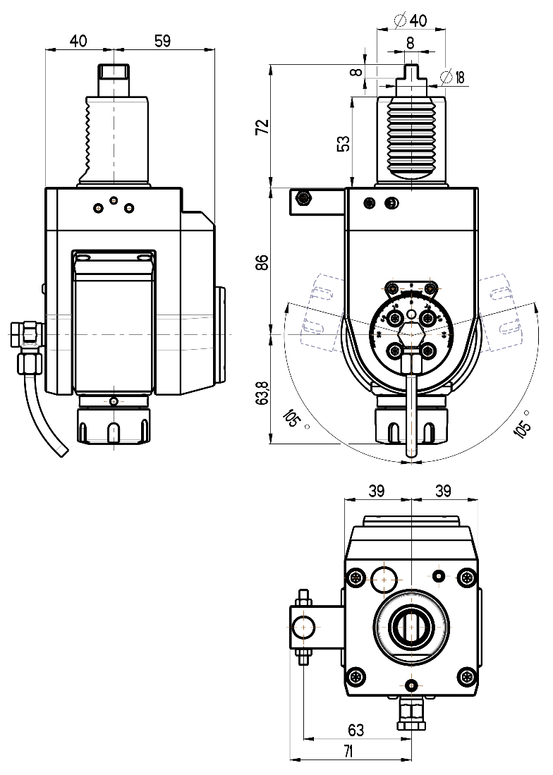RG Tools VDI 40, winkelverstellbarer Werkzeughalter, Kupplung DIN 1809, mit Innenkühlung RGX1-40/521-25/2 Dimensionen