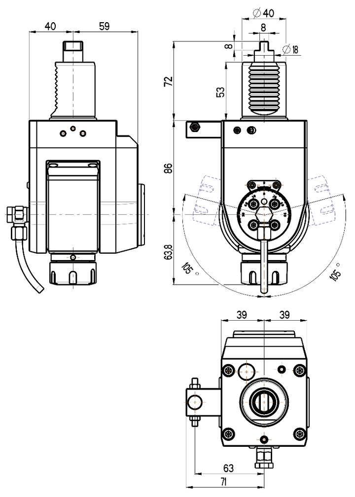 RG Tools VDI 40, winkelverstellbarer Werkzeughalter, Kupplung DIN 1809, mit Innenkühlung RGX1-40/521-25/2 Dimensionen