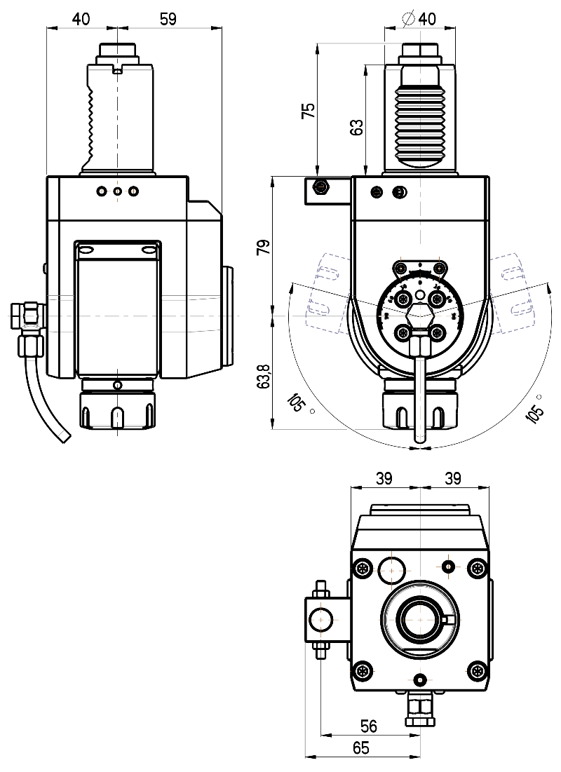 RG Tools VDI 40, winkelverstellbarer Werkzeughalter, Kupplung DIN 5480, ohne Innenkühlung RGX1-40/531-25/1 Dimensionen