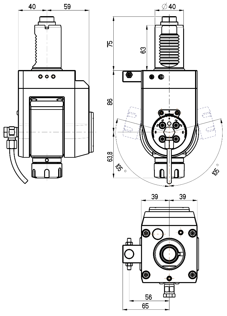 RG Tools VDI 40, winkelverstellbarer Werkzeughalter, Kupplung DIN 5480, mit Innenkühlung RGX1-40/531-25/2 Dimensionen