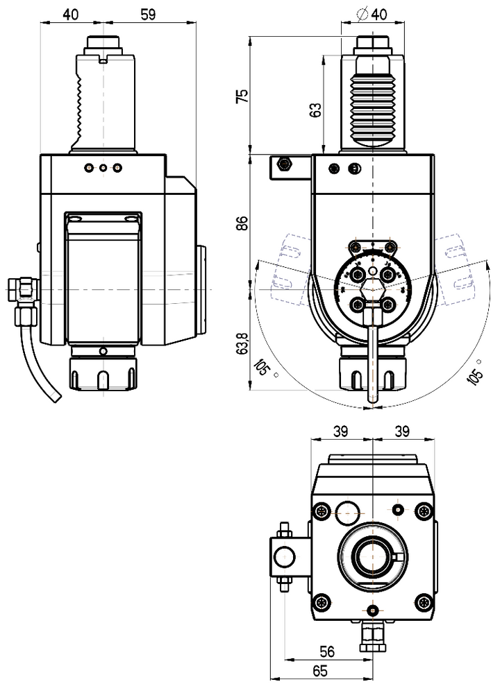 RG Tools VDI 40, winkelverstellbarer Werkzeughalter, Kupplung DIN 5480, mit Innenkühlung RGX1-40/531-25/2 Dimensionen