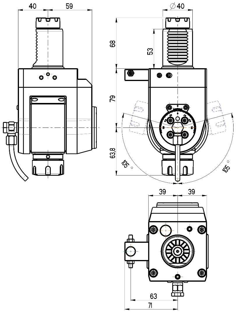 RG Tools VDI 40, winkelverstellbarer Werkzeughalter, Kupplung TOEM, ohne Innenkühlung RGX1-40/541-25/1 Dimensionen