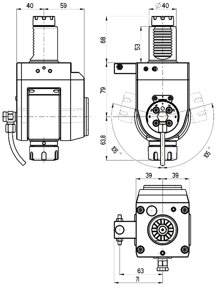 RG Tools VDI 40, winkelverstellbarer Werkzeughalter, Kupplung TOEM, ohne Innenkühlung RGX1-40/541-25/1 Dimensionen