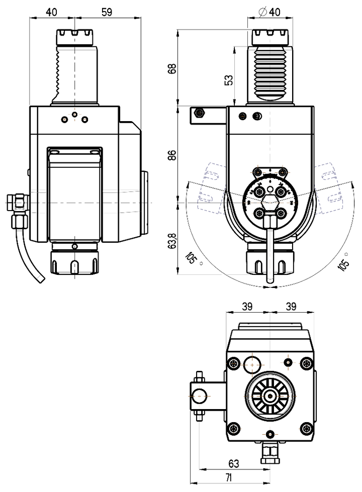 RG Tools VDI 40, winkelverstellbarer Werkzeughalter, Kupplung TOEM, mit Innenkühlung RGX1-40/541-25/2 Dimensionen