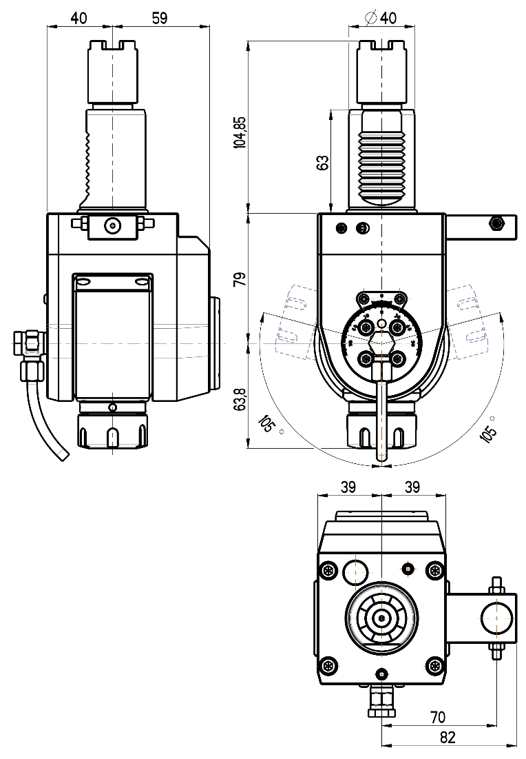 RG Tools VDI 40, winkelverstellbarer Werkzeughalter, Kupplung HAAS, ohne Innenkühlung RGX1-40/551-25/1A Dimensionen