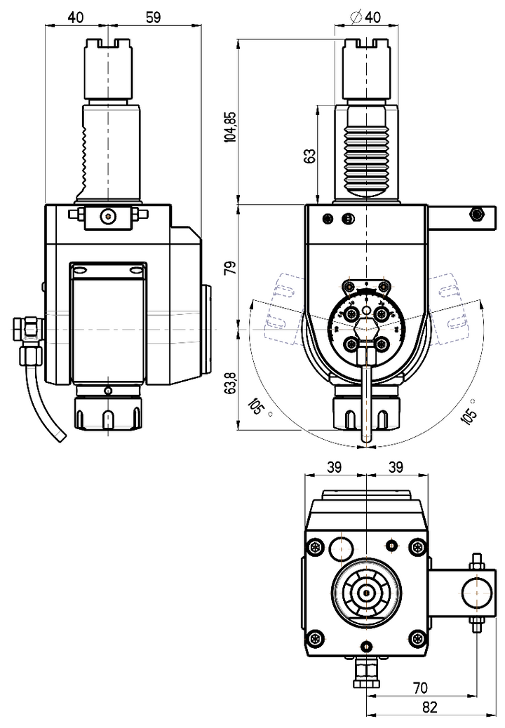 RG Tools VDI 40, winkelverstellbarer Werkzeughalter, Kupplung HAAS, ohne Innenkühlung RGX1-40/551-25/1A Dimensionen