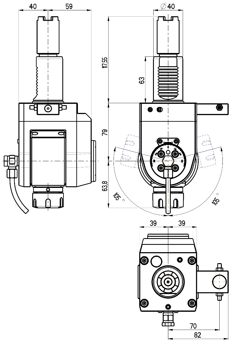 RG Tools VDI 40, winkelverstellbarer Werkzeughalter, Kupplung HAAS, ohne Innenkühlung RGX1-40/551-25/1B Dimensionen