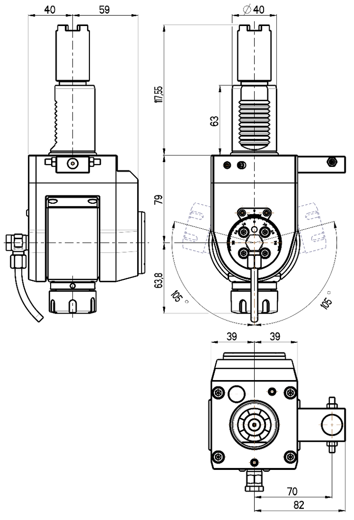 RG Tools VDI 40, winkelverstellbarer Werkzeughalter, Kupplung HAAS, ohne Innenkühlung RGX1-40/551-25/1B Dimensionen