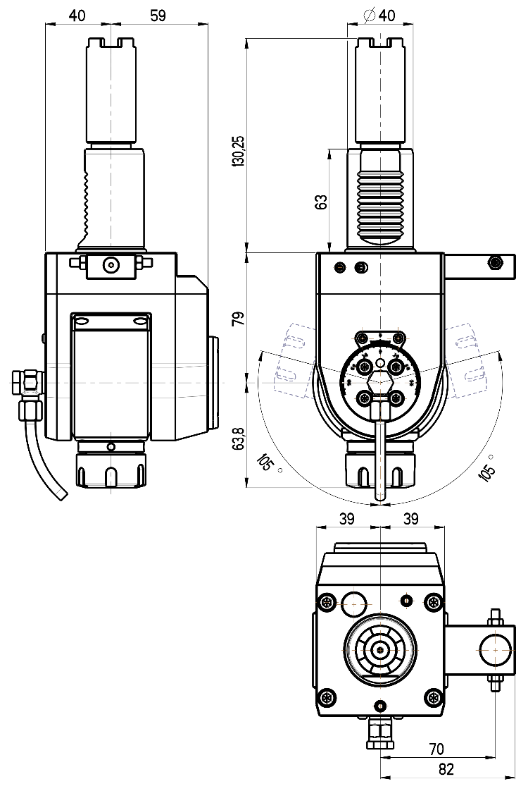 RG Tools VDI 40, winkelverstellbarer Werkzeughalter, Kupplung HAAS, ohne Innenkühlung RGX1-40/551-25/1C Dimensionen