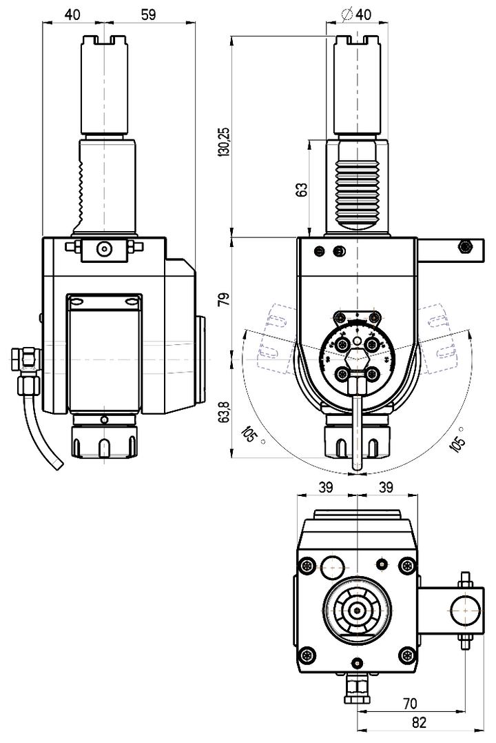 RG Tools VDI 40, winkelverstellbarer Werkzeughalter, Kupplung HAAS, ohne Innenkühlung RGX1-40/551-25/1C Dimensionen