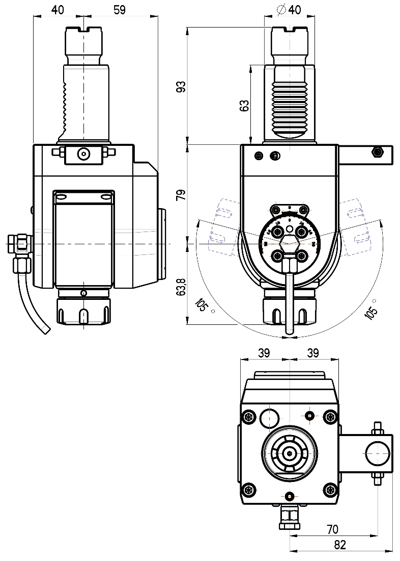 RG Tools VDI 40, winkelverstellbarer Werkzeughalter, Kupplung Okuma, ohne Innenkühlung RGX1-40/551-25/1JA Dimensionen