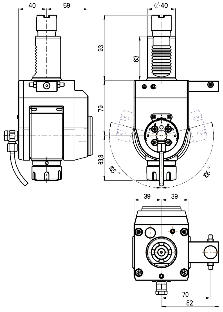 RG Tools VDI 40, winkelverstellbarer Werkzeughalter, Kupplung Okuma, ohne Innenkühlung RGX1-40/551-25/1JA Dimensionen