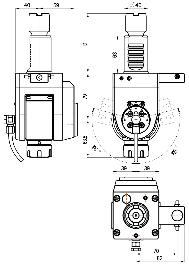 RG Tools VDI 40, winkelverstellbarer Werkzeughalter, Kupplung Okuma, ohne Innenkühlung RGX1-40/551-25/1JB Dimensionen