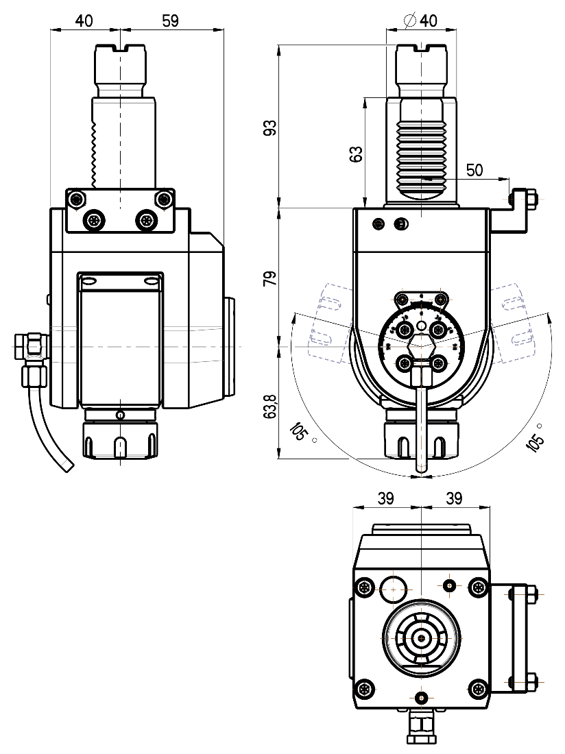 RG Tools VDI 40, winkelverstellbarer Werkzeughalter, Kupplung Okuma, ohne Innenkühlung RGX1-40/551-25/1JD Dimensionen