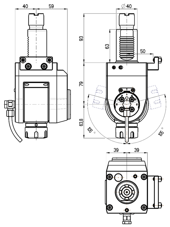 RG Tools VDI 40, winkelverstellbarer Werkzeughalter, Kupplung Okuma, ohne Innenkühlung RGX1-40/551-25/1JD Dimensionen