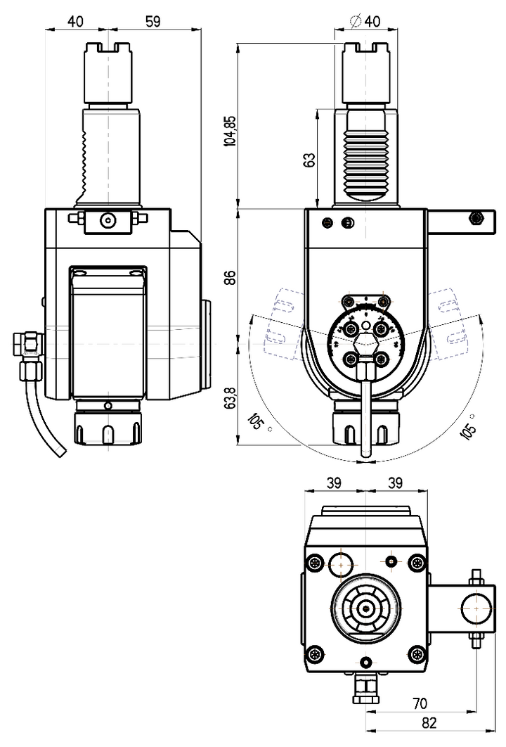 RG Tools VDI 40, winkelverstellbarer Werkzeughalter, Kupplung HAAS, mit Innenkühlung RGX1-40/551-25/2A Dimensionen