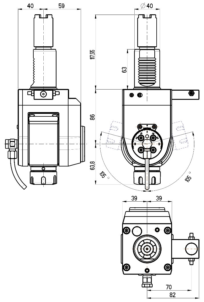RG Tools VDI 40, winkelverstellbarer Werkzeughalter, Kupplung HAAS, mit Innenkühlung RGX1-40/551-25/2B Dimensionen
