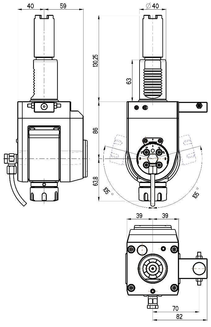 RG Tools VDI 40, winkelverstellbarer Werkzeughalter, Kupplung HAAS, mit Innenkühlung RGX1-40/551-25/2C Dimensionen