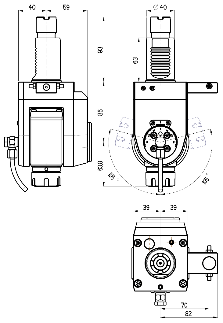 RG Tools VDI 40, winkelverstellbarer Werkzeughalter, Kupplung Okuma, mit Innenkühlung RGX1-40/551-25/2JA Dimensionen