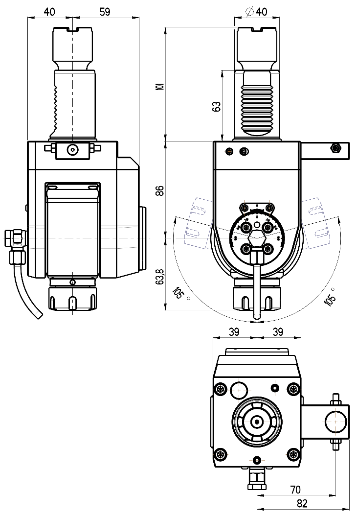 RG Tools VDI 40, winkelverstellbarer Werkzeughalter, Kupplung Okuma, mit Innenkühlung RGX1-40/551-25/2JB Dimensionen